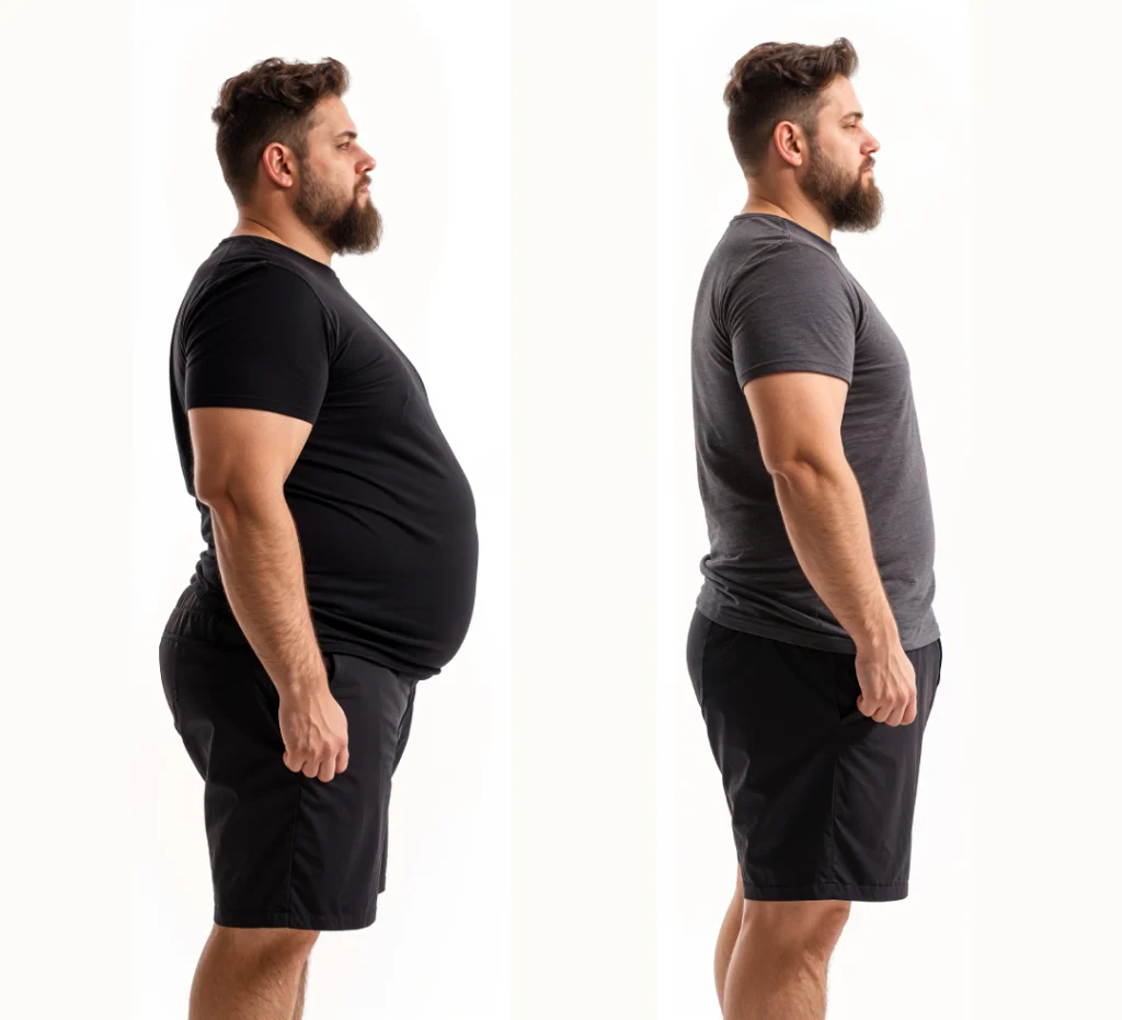 Side-by-side comparison of a man before and after Tirzepatide weight loss treatment.