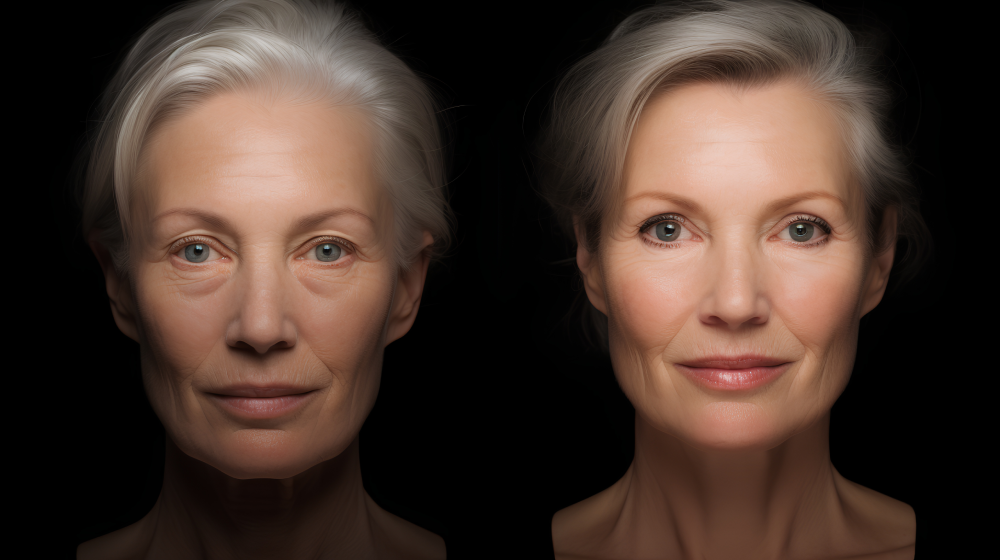 Before and after photo of an older woman showing facelift results.